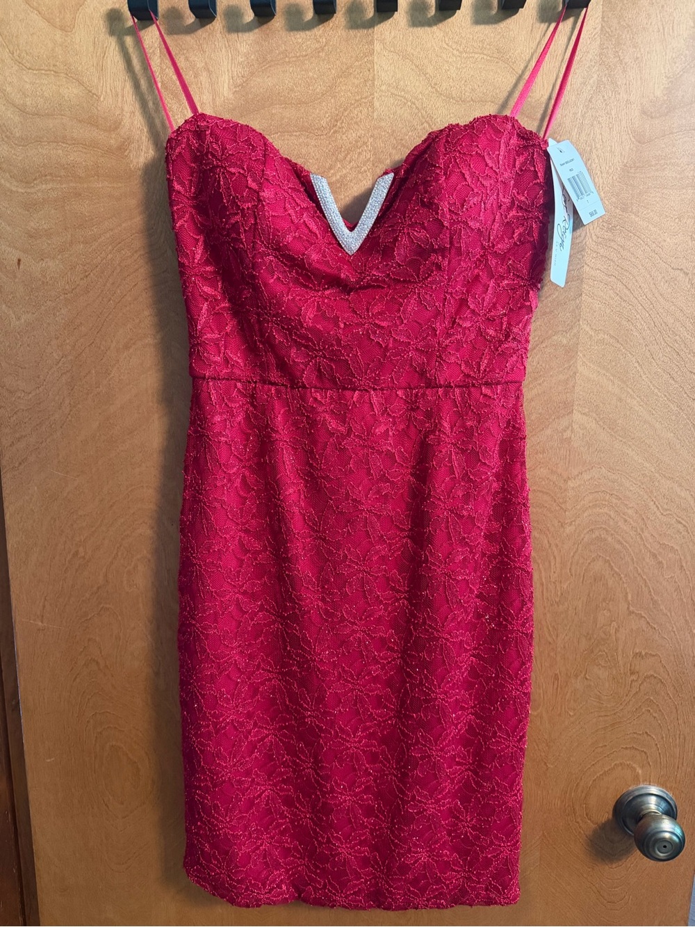 Love Reign Red Lace Strapless Cocktail Dress with glitter and rhinestone accents